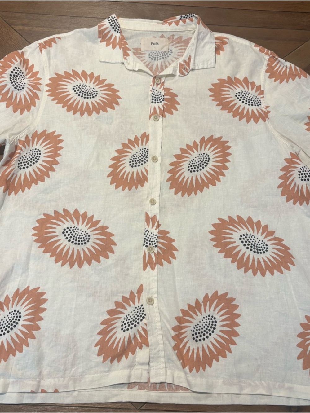 Folk Shirt Men Ivory Floral Linen Blend Button Up Short Sleeves Size Large - Picture 7 of 7